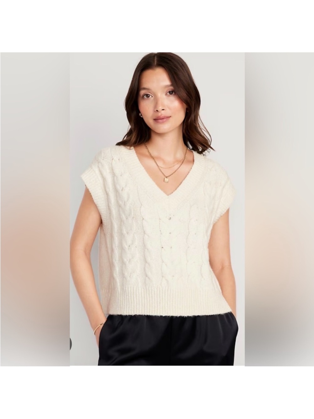 Old Navy Cream Cable Knit V-Neck Sweater Vest